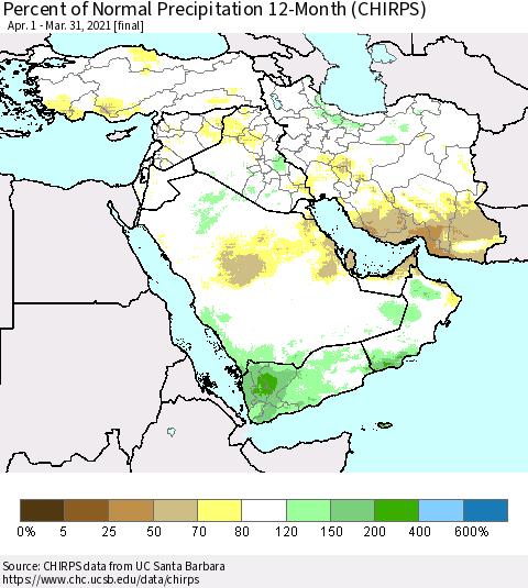 Middle East and Turkey Percent of Normal Precipitation 12-Month (CHIRPS) Thematic Map For 4/1/2020 - 3/31/2021