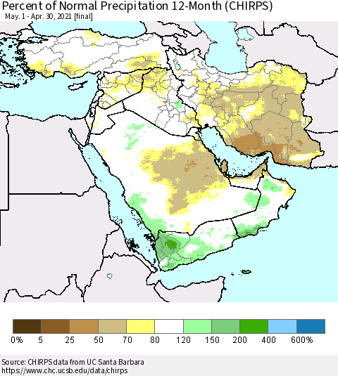 Middle East and Turkey Percent of Normal Precipitation 12-Month (CHIRPS) Thematic Map For 5/1/2020 - 4/30/2021