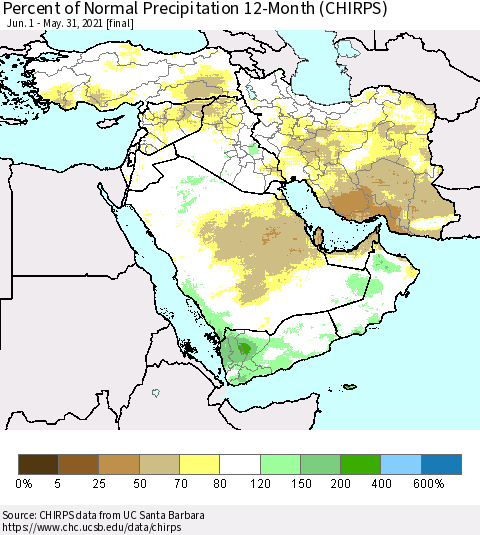 Middle East and Turkey Percent of Normal Precipitation 12-Month (CHIRPS) Thematic Map For 6/1/2020 - 5/31/2021