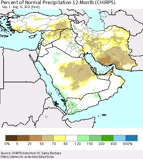 Middle East and Turkey Percent of Normal Precipitation 12-Month (CHIRPS) Thematic Map For 9/1/2020 - 8/31/2021