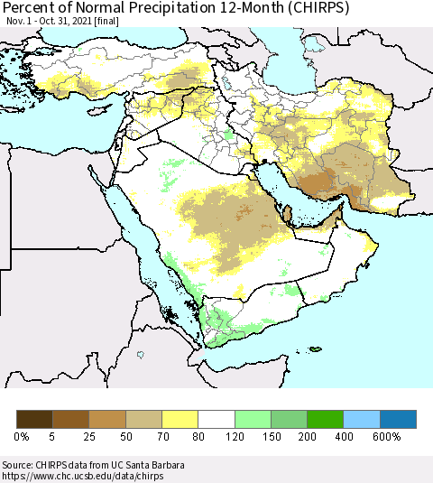 Middle East and Turkey Percent of Normal Precipitation 12-Month (CHIRPS) Thematic Map For 11/1/2020 - 10/31/2021