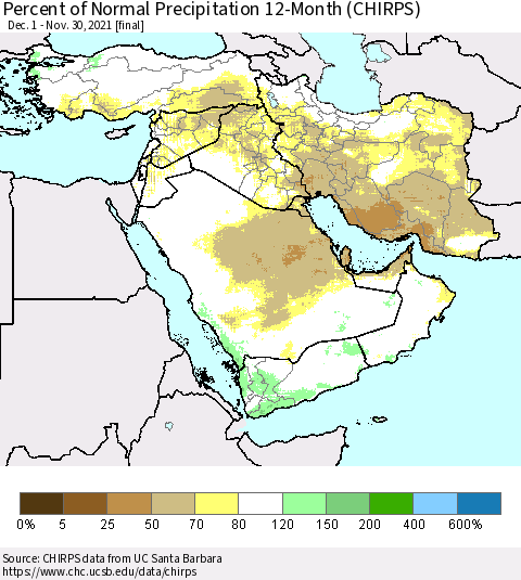 Middle East and Turkey Percent of Normal Precipitation 12-Month (CHIRPS) Thematic Map For 12/1/2020 - 11/30/2021