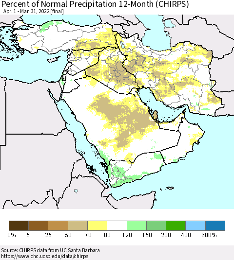 Middle East and Turkey Percent of Normal Precipitation 12-Month (CHIRPS) Thematic Map For 4/1/2021 - 3/31/2022