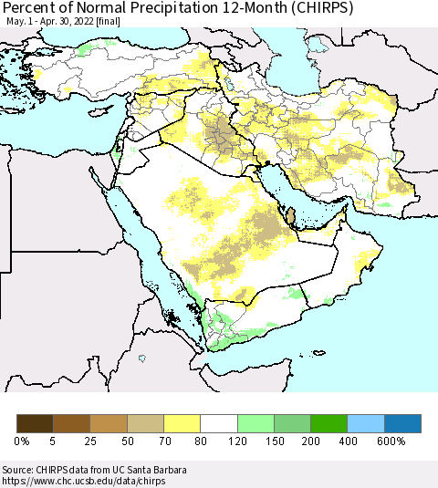 Middle East and Turkey Percent of Normal Precipitation 12-Month (CHIRPS) Thematic Map For 5/1/2021 - 4/30/2022