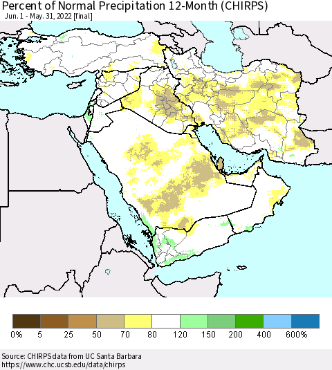 Middle East and Turkey Percent of Normal Precipitation 12-Month (CHIRPS) Thematic Map For 6/1/2021 - 5/31/2022