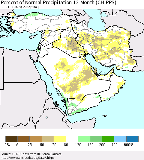 Middle East and Turkey Percent of Normal Precipitation 12-Month (CHIRPS) Thematic Map For 7/1/2021 - 6/30/2022