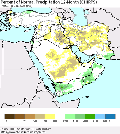 Middle East and Turkey Percent of Normal Precipitation 12-Month (CHIRPS) Thematic Map For 8/1/2021 - 7/31/2022