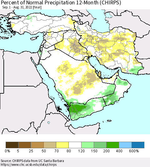 Middle East and Turkey Percent of Normal Precipitation 12-Month (CHIRPS) Thematic Map For 9/1/2021 - 8/31/2022