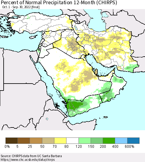 Middle East and Turkey Percent of Normal Precipitation 12-Month (CHIRPS) Thematic Map For 10/1/2021 - 9/30/2022