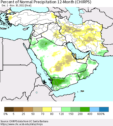 Middle East and Turkey Percent of Normal Precipitation 12-Month (CHIRPS) Thematic Map For 12/1/2021 - 11/30/2022