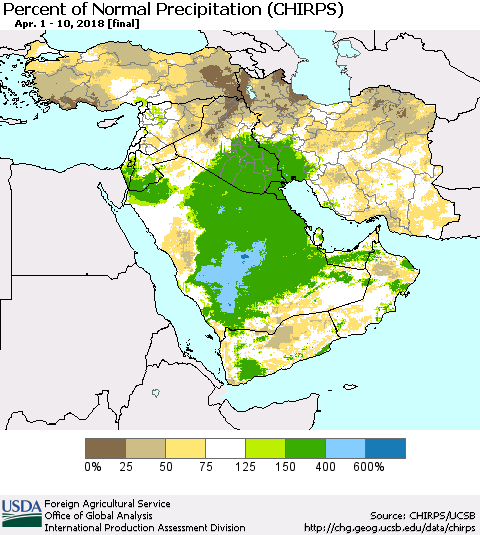 Middle East and Turkey Percent of Normal Precipitation (CHIRPS) Thematic Map For 4/1/2018 - 4/10/2018