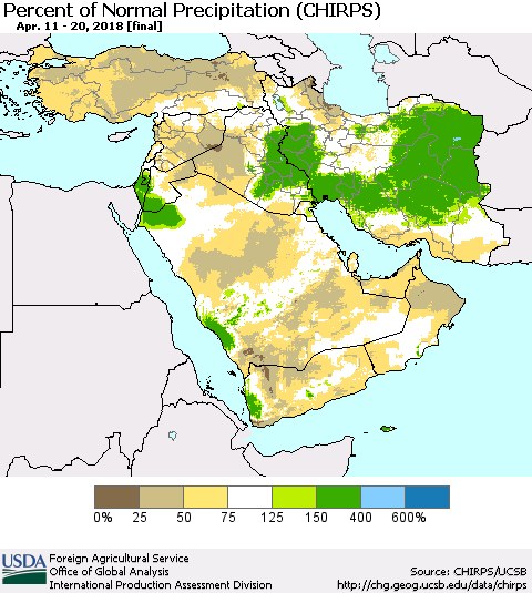 Middle East and Turkey Percent of Normal Precipitation (CHIRPS) Thematic Map For 4/11/2018 - 4/20/2018
