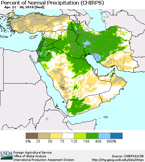 Middle East and Turkey Percent of Normal Precipitation (CHIRPS) Thematic Map For 4/21/2018 - 4/30/2018
