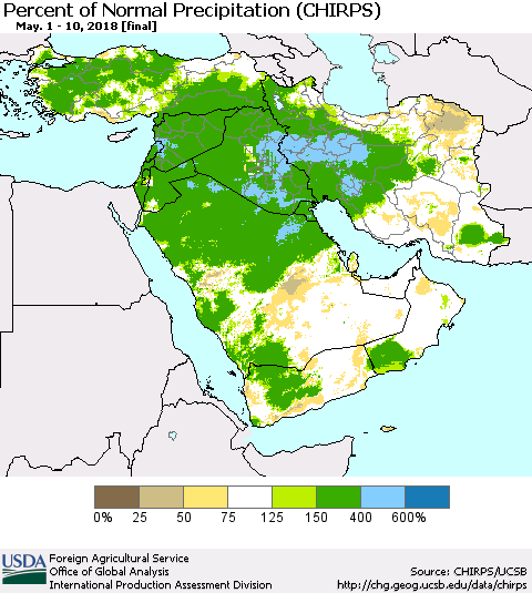 Middle East and Turkey Percent of Normal Precipitation (CHIRPS) Thematic Map For 5/1/2018 - 5/10/2018