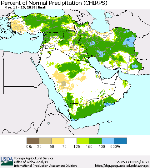 Middle East and Turkey Percent of Normal Precipitation (CHIRPS) Thematic Map For 5/11/2018 - 5/20/2018