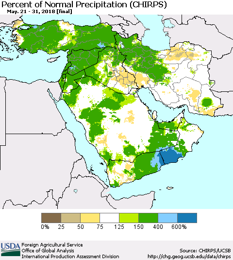 Middle East and Turkey Percent of Normal Precipitation (CHIRPS) Thematic Map For 5/21/2018 - 5/31/2018
