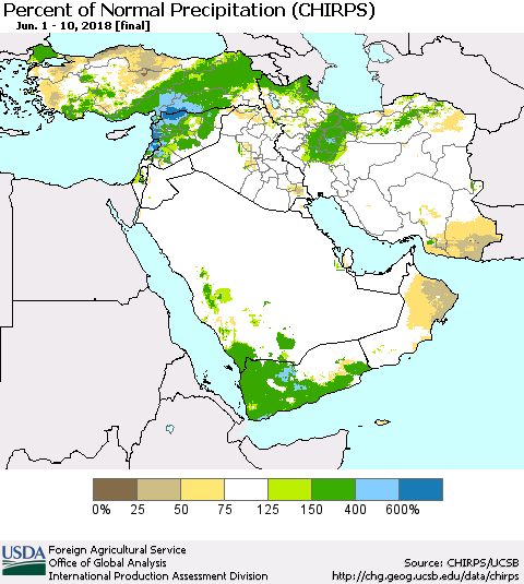 Middle East and Turkey Percent of Normal Precipitation (CHIRPS) Thematic Map For 6/1/2018 - 6/10/2018