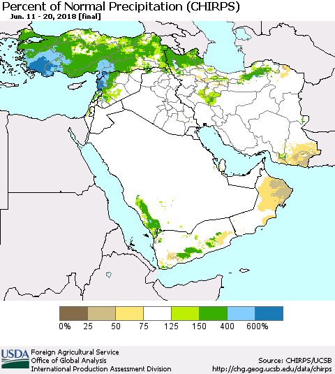 Middle East and Turkey Percent of Normal Precipitation (CHIRPS) Thematic Map For 6/11/2018 - 6/20/2018