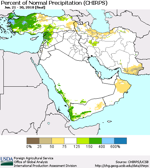 Middle East and Turkey Percent of Normal Precipitation (CHIRPS) Thematic Map For 6/21/2018 - 6/30/2018