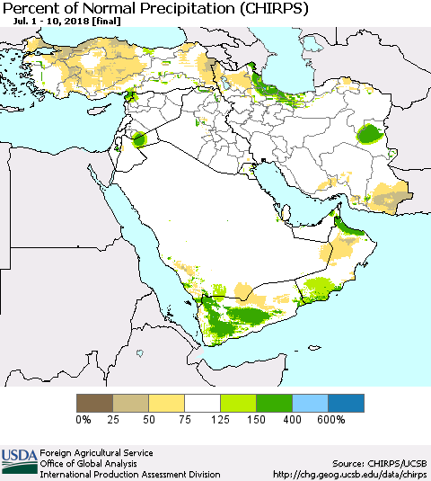 Middle East and Turkey Percent of Normal Precipitation (CHIRPS) Thematic Map For 7/1/2018 - 7/10/2018