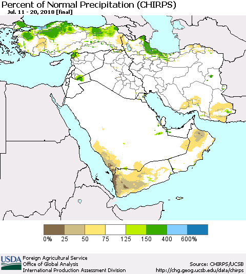 Middle East and Turkey Percent of Normal Precipitation (CHIRPS) Thematic Map For 7/11/2018 - 7/20/2018