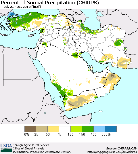 Middle East and Turkey Percent of Normal Precipitation (CHIRPS) Thematic Map For 7/21/2018 - 7/31/2018