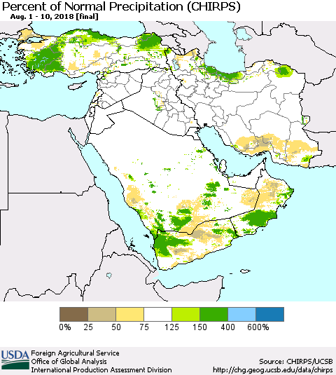 Middle East and Turkey Percent of Normal Precipitation (CHIRPS) Thematic Map For 8/1/2018 - 8/10/2018