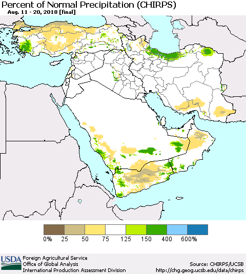 Middle East and Turkey Percent of Normal Precipitation (CHIRPS) Thematic Map For 8/11/2018 - 8/20/2018