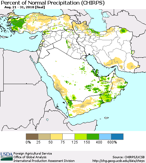 Middle East and Turkey Percent of Normal Precipitation (CHIRPS) Thematic Map For 8/21/2018 - 8/31/2018