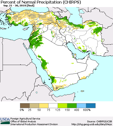 Middle East and Turkey Percent of Normal Precipitation (CHIRPS) Thematic Map For 9/21/2018 - 9/30/2018