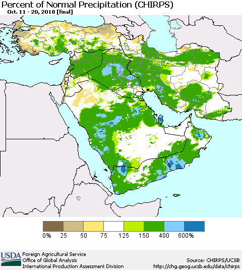 Middle East and Turkey Percent of Normal Precipitation (CHIRPS) Thematic Map For 10/11/2018 - 10/20/2018
