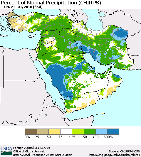 Middle East and Turkey Percent of Normal Precipitation (CHIRPS) Thematic Map For 10/21/2018 - 10/31/2018