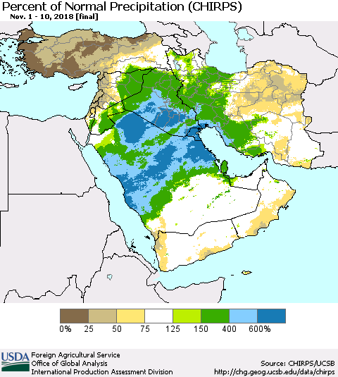 Middle East and Turkey Percent of Normal Precipitation (CHIRPS) Thematic Map For 11/1/2018 - 11/10/2018