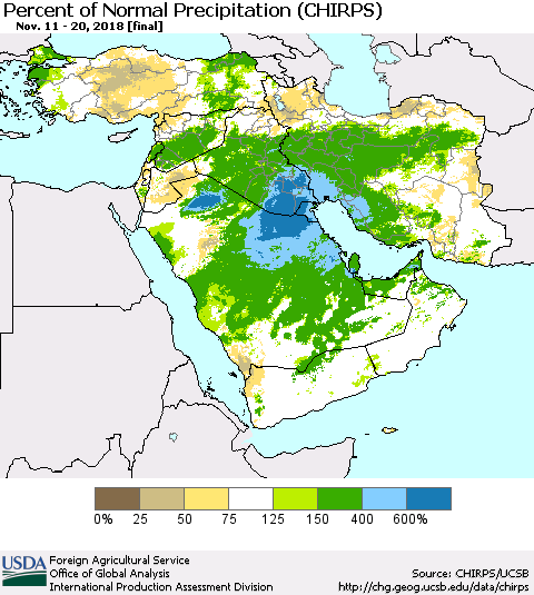 Middle East and Turkey Percent of Normal Precipitation (CHIRPS) Thematic Map For 11/11/2018 - 11/20/2018