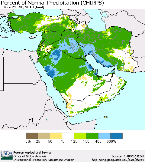 Middle East and Turkey Percent of Normal Precipitation (CHIRPS) Thematic Map For 11/21/2018 - 11/30/2018