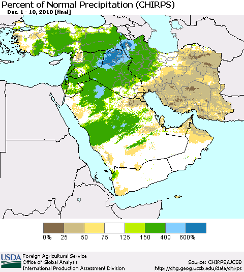 Middle East and Turkey Percent of Normal Precipitation (CHIRPS) Thematic Map For 12/1/2018 - 12/10/2018