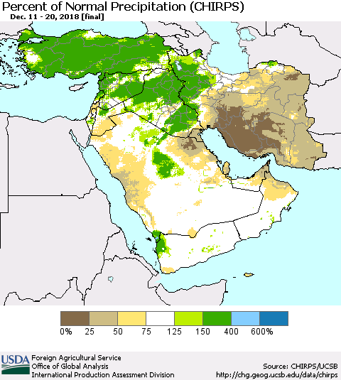 Middle East and Turkey Percent of Normal Precipitation (CHIRPS) Thematic Map For 12/11/2018 - 12/20/2018