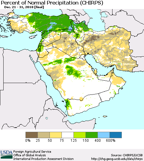 Middle East and Turkey Percent of Normal Precipitation (CHIRPS) Thematic Map For 12/21/2018 - 12/31/2018
