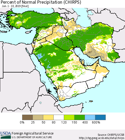 Middle East and Turkey Percent of Normal Precipitation (CHIRPS) Thematic Map For 1/1/2019 - 1/10/2019