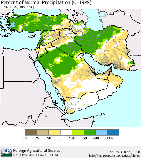 Middle East and Turkey Percent of Normal Precipitation (CHIRPS) Thematic Map For 1/11/2019 - 1/20/2019