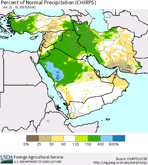 Middle East and Turkey Percent of Normal Precipitation (CHIRPS) Thematic Map For 1/21/2019 - 1/31/2019