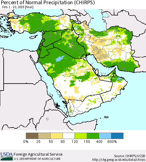 Middle East and Turkey Percent of Normal Precipitation (CHIRPS) Thematic Map For 2/1/2019 - 2/10/2019