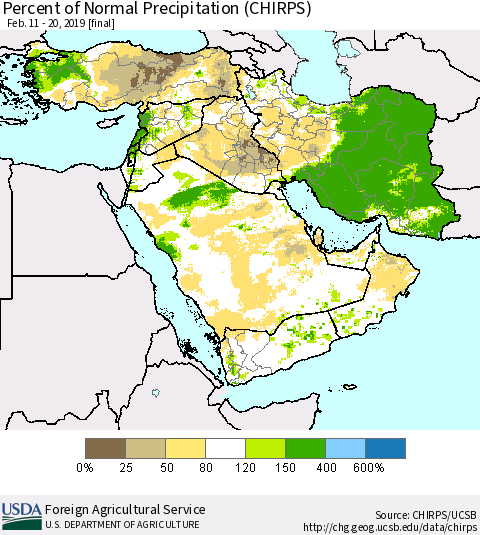Middle East and Turkey Percent of Normal Precipitation (CHIRPS) Thematic Map For 2/11/2019 - 2/20/2019