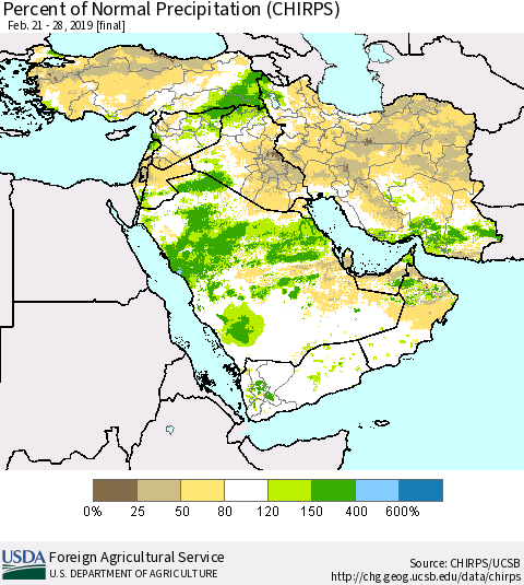 Middle East and Turkey Percent of Normal Precipitation (CHIRPS) Thematic Map For 2/21/2019 - 2/28/2019