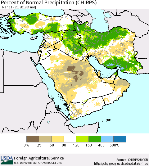 Middle East and Turkey Percent of Normal Precipitation (CHIRPS) Thematic Map For 3/11/2019 - 3/20/2019