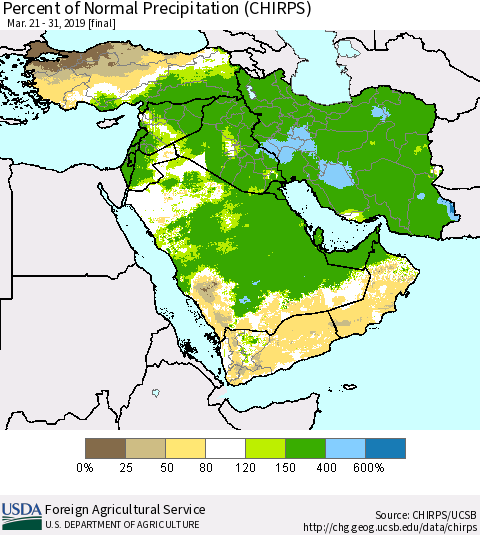 Middle East and Turkey Percent of Normal Precipitation (CHIRPS) Thematic Map For 3/21/2019 - 3/31/2019