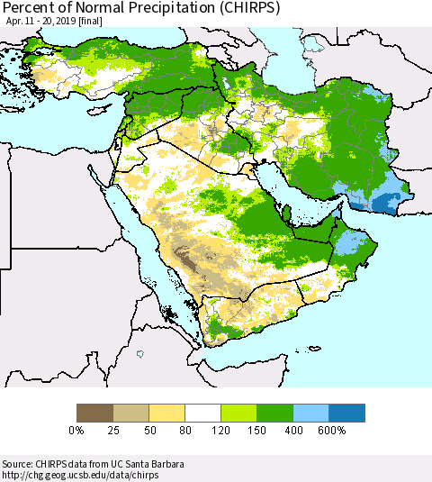 Middle East and Turkey Percent of Normal Precipitation (CHIRPS) Thematic Map For 4/11/2019 - 4/20/2019
