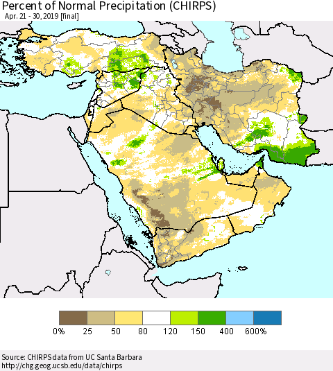 Middle East and Turkey Percent of Normal Precipitation (CHIRPS) Thematic Map For 4/21/2019 - 4/30/2019