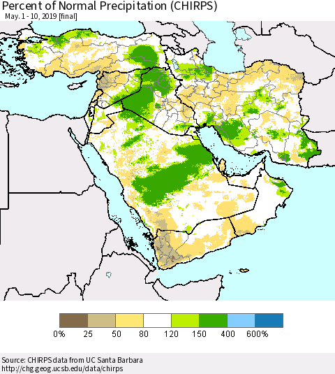 Middle East and Turkey Percent of Normal Precipitation (CHIRPS) Thematic Map For 5/1/2019 - 5/10/2019