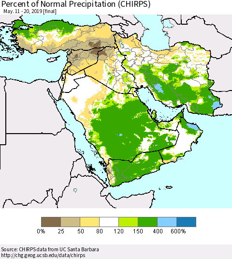Middle East and Turkey Percent of Normal Precipitation (CHIRPS) Thematic Map For 5/11/2019 - 5/20/2019
